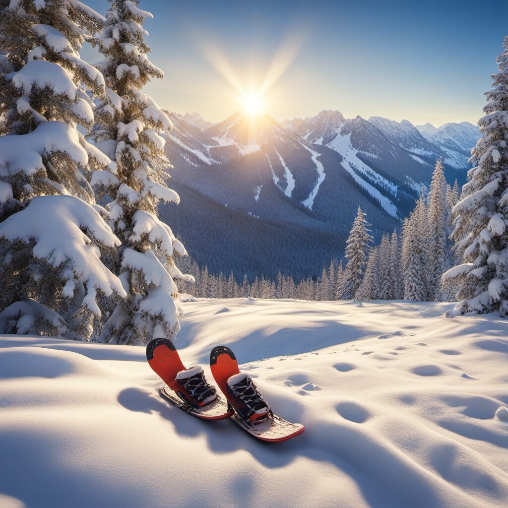 Schneeschuhe in verschiedenen Modellen und Farben auf verschneiter Landschaft mit leuchtendem Sonnenlicht
