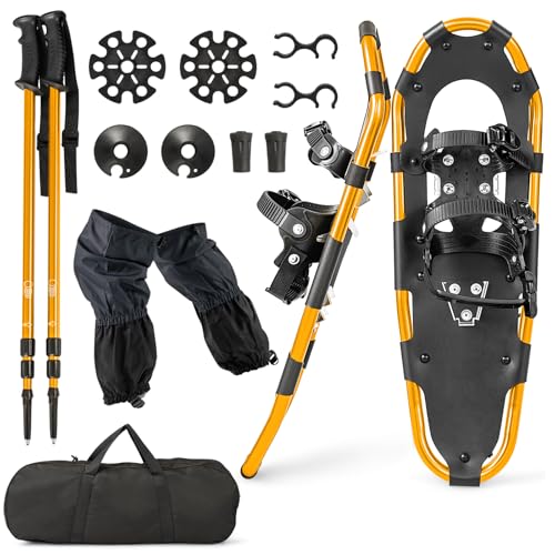 4-in-1 Schneeschuhen Set mit Aluminiumrahmen, Trekkingstöcken und Tragetasche für Herren und Damen, Gamaschen für Schuhgröße 38-45