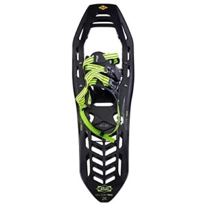 Ein Paar Atlas-Schneeschuhe Apex Helium Trail, 26 cm groß, mit schwarzem Design und grünen Schnürsenkeln und Heelschnallen. Ein silberner Knopf ist auf dem obere Ende des Schuhes angebracht.