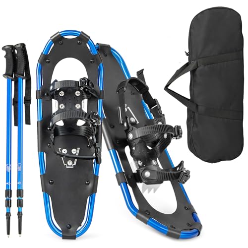 GYMAX 53/63/76 cm Schneeschuhset mit Trekkingstöcken und Tragetasche, leichte Geländeschneeschuhe für den Alltagsgebrauch, Alu Schneeschuhe bis 130kg belastbar