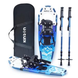 KinZon 3-in-1-Schneeschuhe, leicht und robust, mit Trekkingstöcken und Tragetasche, Fersenerhöhung, perfekt zum Wandern (Blau, 63,5 cm (für 54-86 kg))