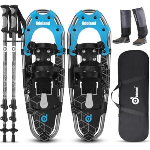 Odoland Schneeschuhe mit Steighilfe Allround 4 IN 1 für Damen und Herren, vielseitige Ausrüstungspaket mit Wanderstöcken, Wasserdichten Gamaschen und Tragetasche, ideal für Ski-Abenteuer