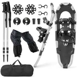 COSTWAY 4-in-1 Schneeschuhe-Set mit Doppel-Ratschenbindungssystem, Aluminiumrahmen und Trekkingstöcken für Herren und Damen, Schuhgröße 38-45
