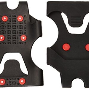 Zwei schwarze Schuhspikes mit roten Punkten. Einer der Spikes ist leicht nach links versetzt. Der rechte Spike hat drei rote Punkte und der linke zwei. Sie haben eine texturierte Oberfläche im unteren Bereich. Diese sind Schuhspikes für das Hinkeln in Felsnischen. Sie sind schwarz mit roten Akzenten, was ihnen einen robusten Anblick gibt. Sie werden nicht von jemandem getragen, sondern gegen ein weißes Hintergrund gezeigt. Die Spikes erscheinen nicht in Bewegung da sie als Inhalt gezeigt werden. Die relative Position der Spikes ist bei verschiedenen Winkeln konstant. Es sind keine Texte im Bild sichtbar außer dem Wort "Felsnische".