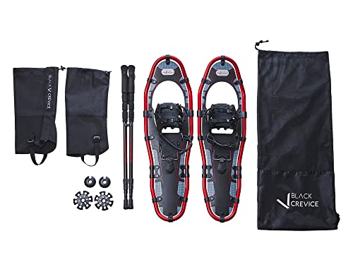 BLACK CREVICE Schneeschuh Set mit Alu Schneeschuhen, Teleskop Trekkingstöcken und Wasser- & Winddichten Outdoor-Gamaschen