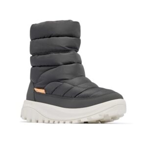Columbia Snowtrot Mid Schneestiefel in Shark/Pfirsich, Größe 9 Wide, hochwertiger Schneestiefel für Frauen mit OMNI-HEAT-Wärmereflektierungssystem und OMNI-TECH-Schichtstruktur